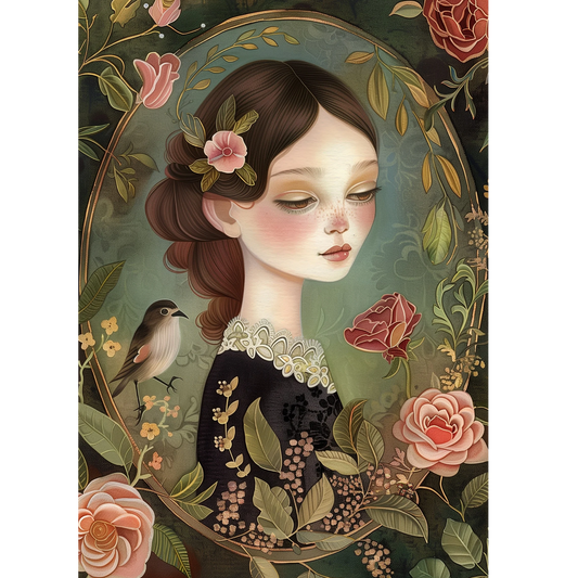 Grußkarte vintage Lady Rosenblüten