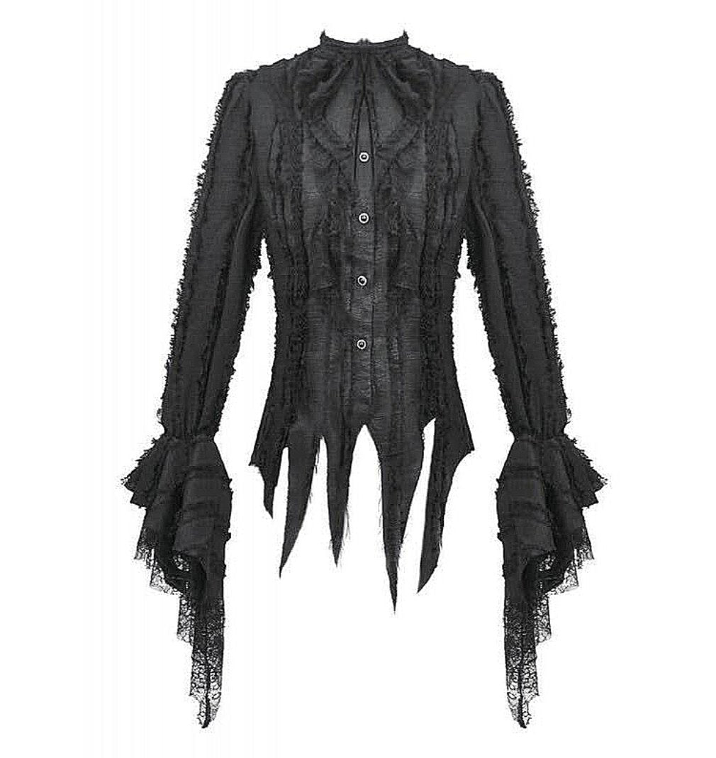 Gothic Zipfelbluse Hexe in schwarz mit Spitze