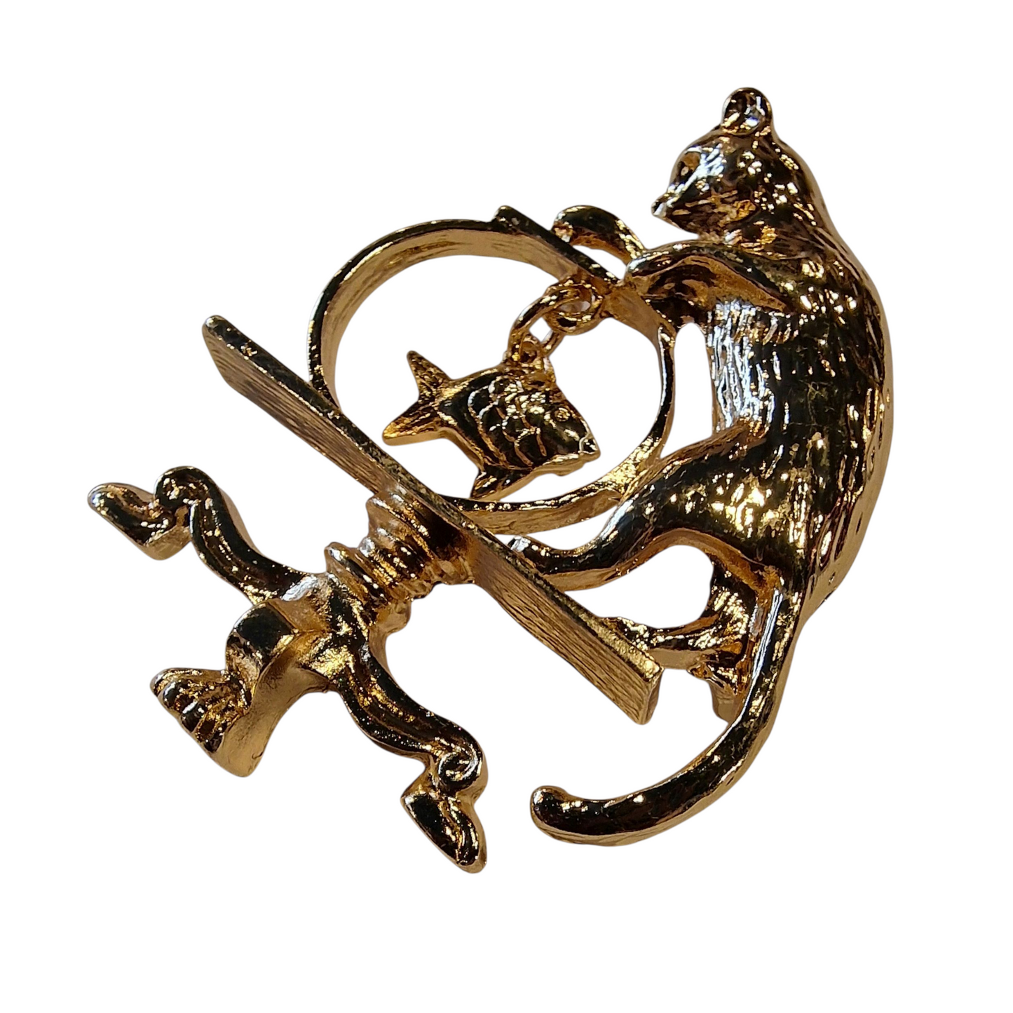Brosche barock goldfarben Katze mit Fisch
