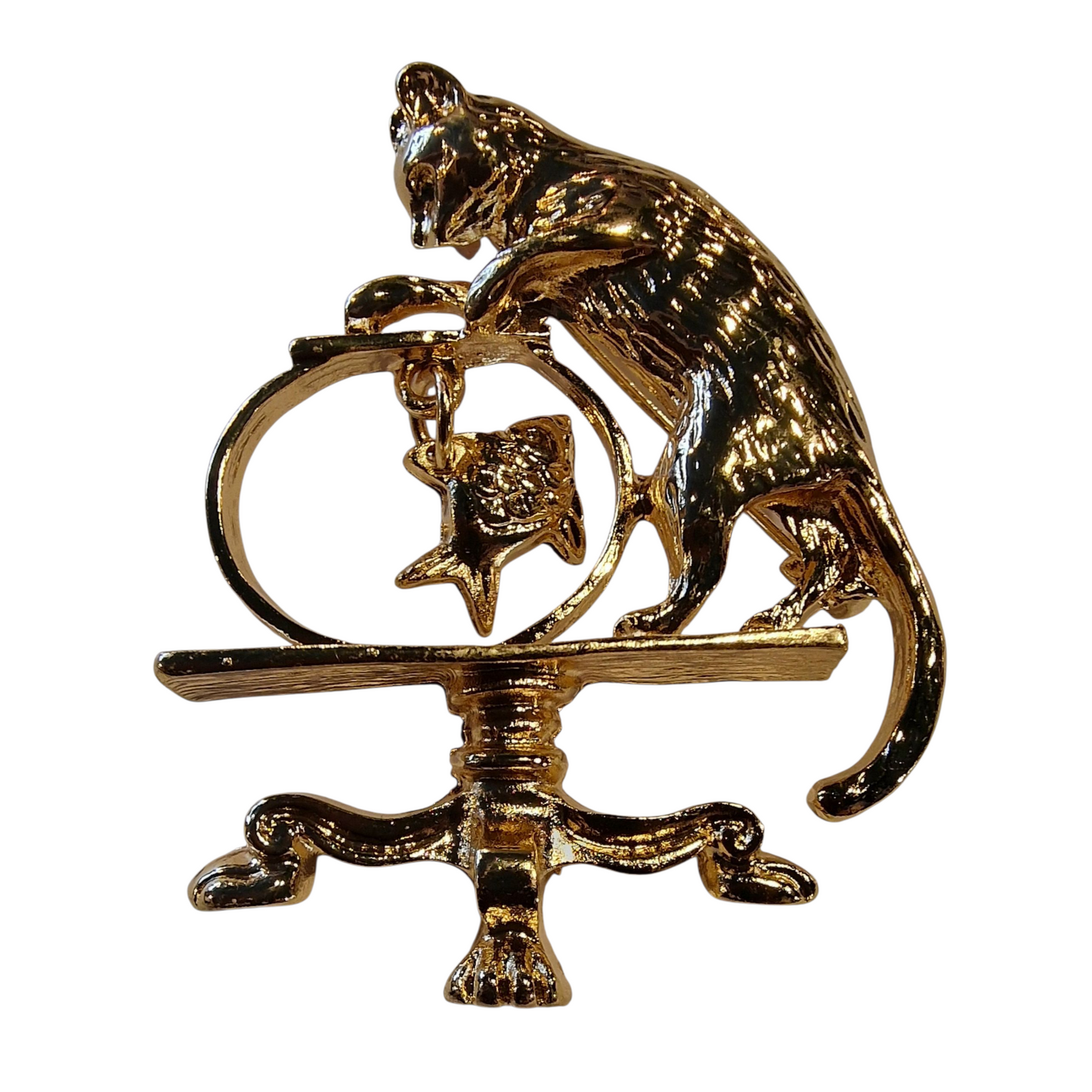 Brosche barock goldfarben Katze mit Fisch
