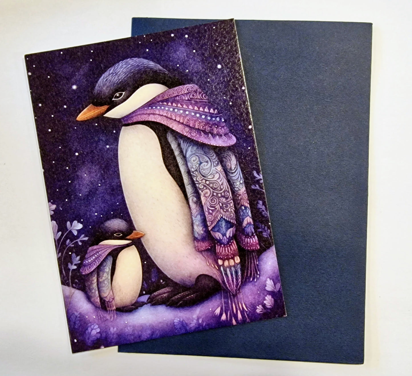 Fantasy Grußkarte mit Umschlag Pinguin Mutter mit Kind