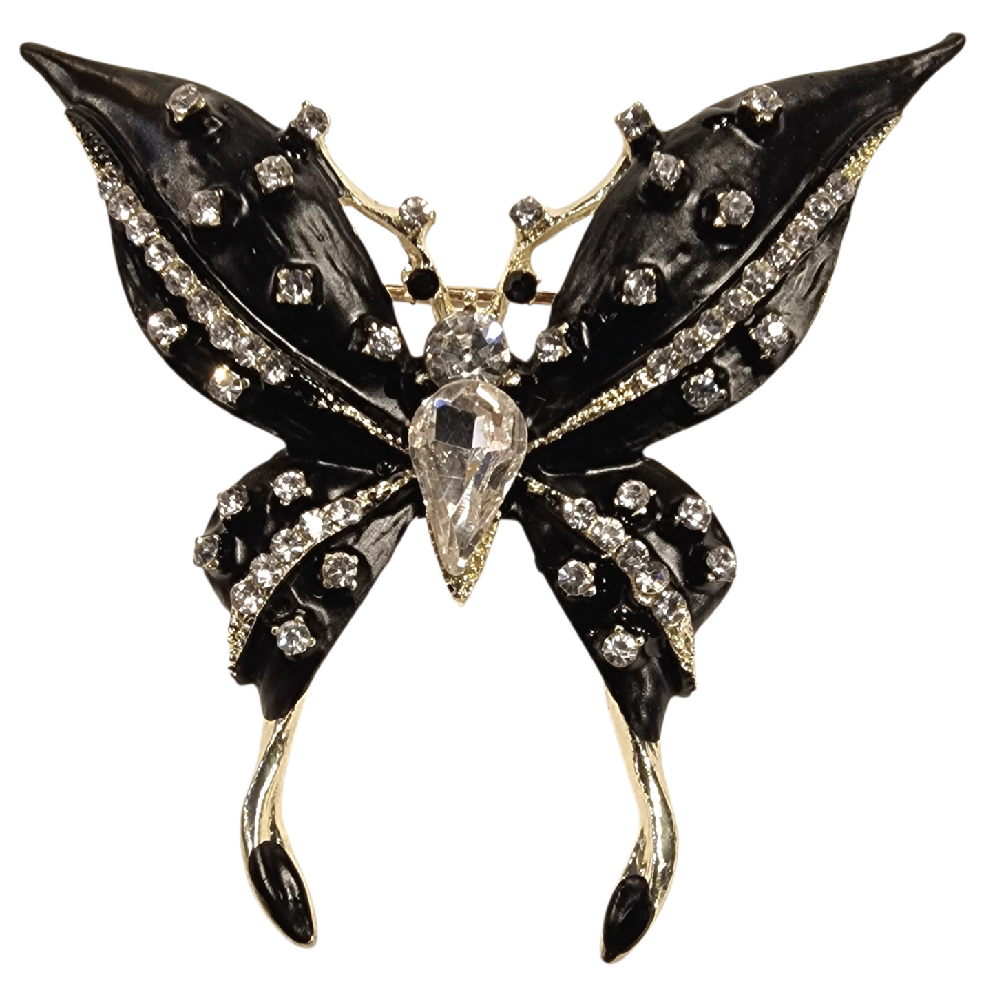 Vintage zierliche Schmetterlings-Brosche mit schwarzer Emaille und Strass