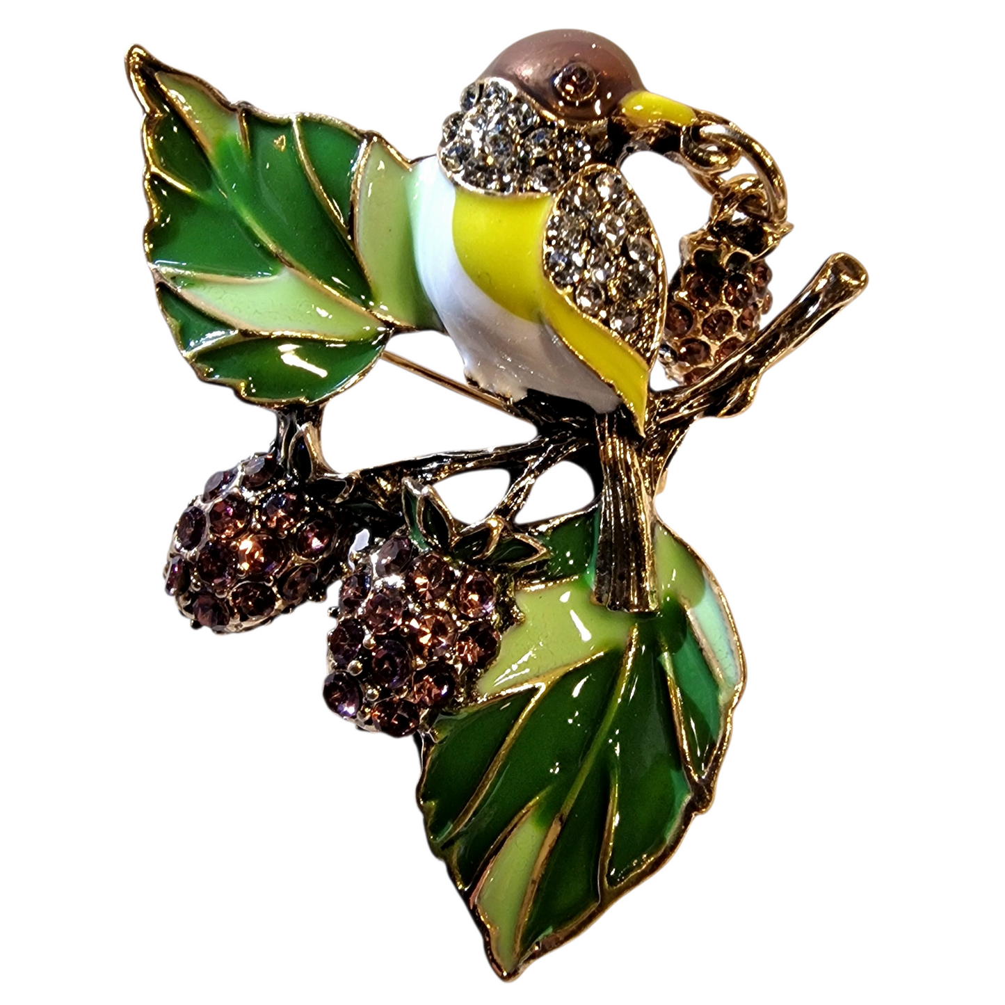 Vogel-Brosche mit Kirschen und Emaille