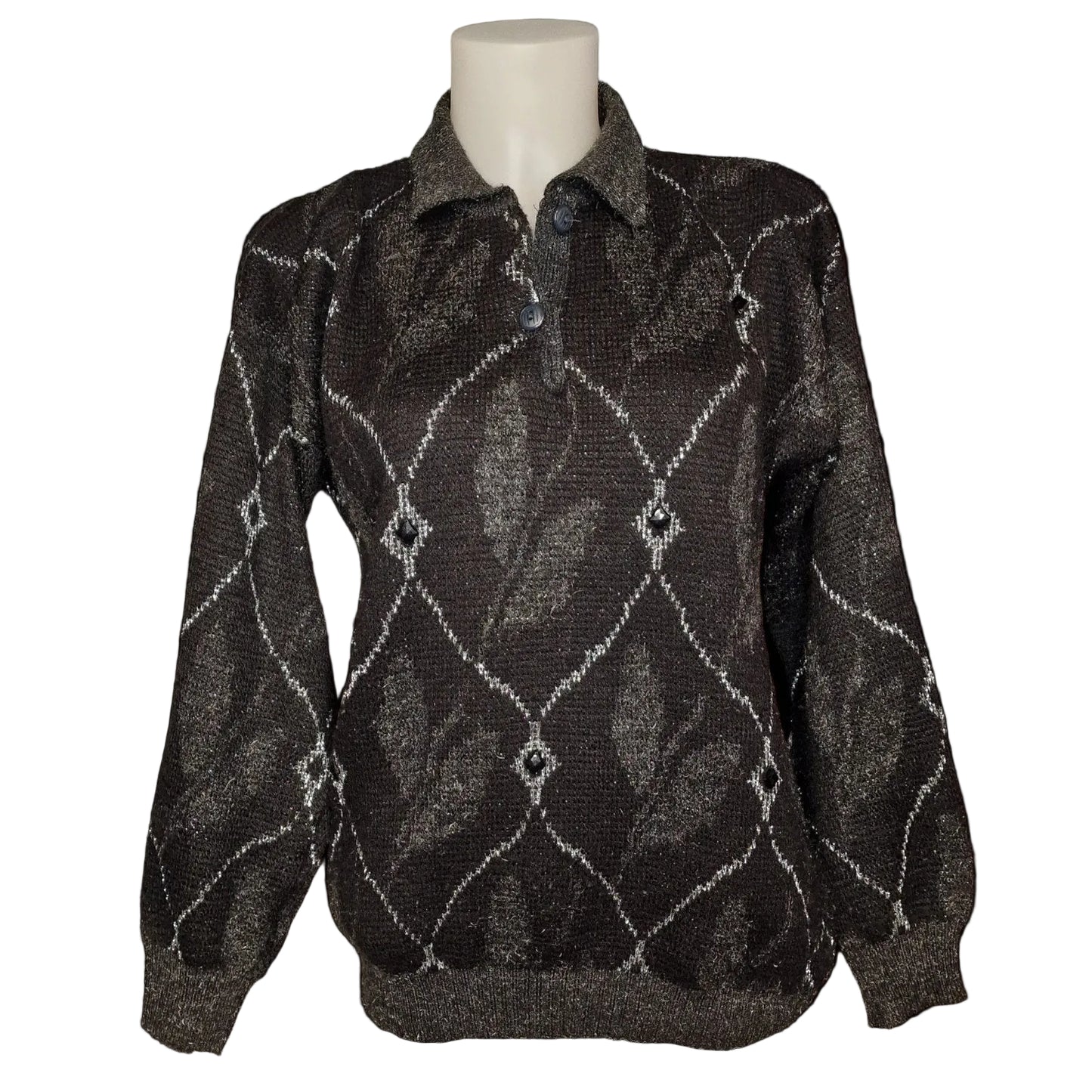 90er Vintage Pullover Schwarz-Braun mit Rauten-Muster und Lurex S/M