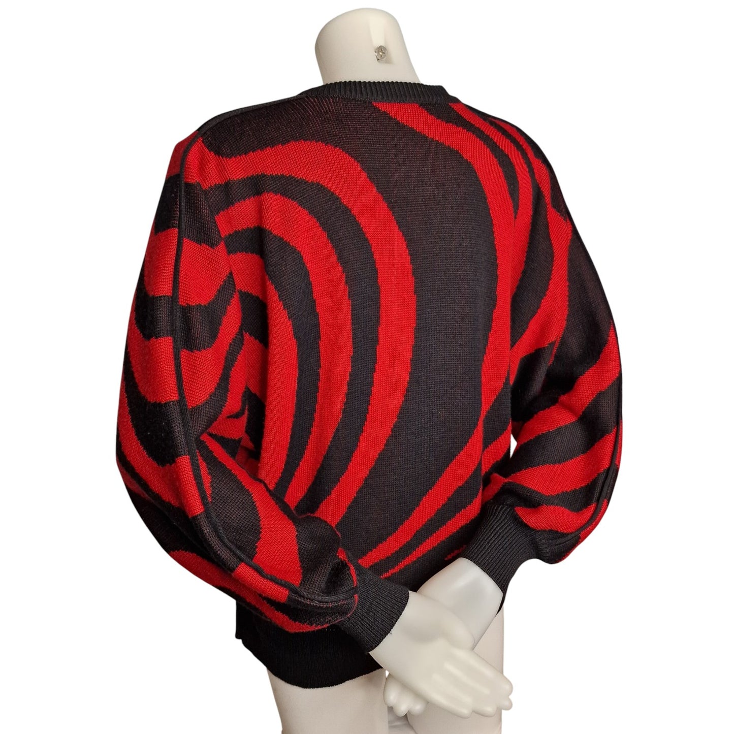 Stylischer 80er Pullover Vintage Strickjacke Rot-Schwarz Ara Wirbel-Muster L