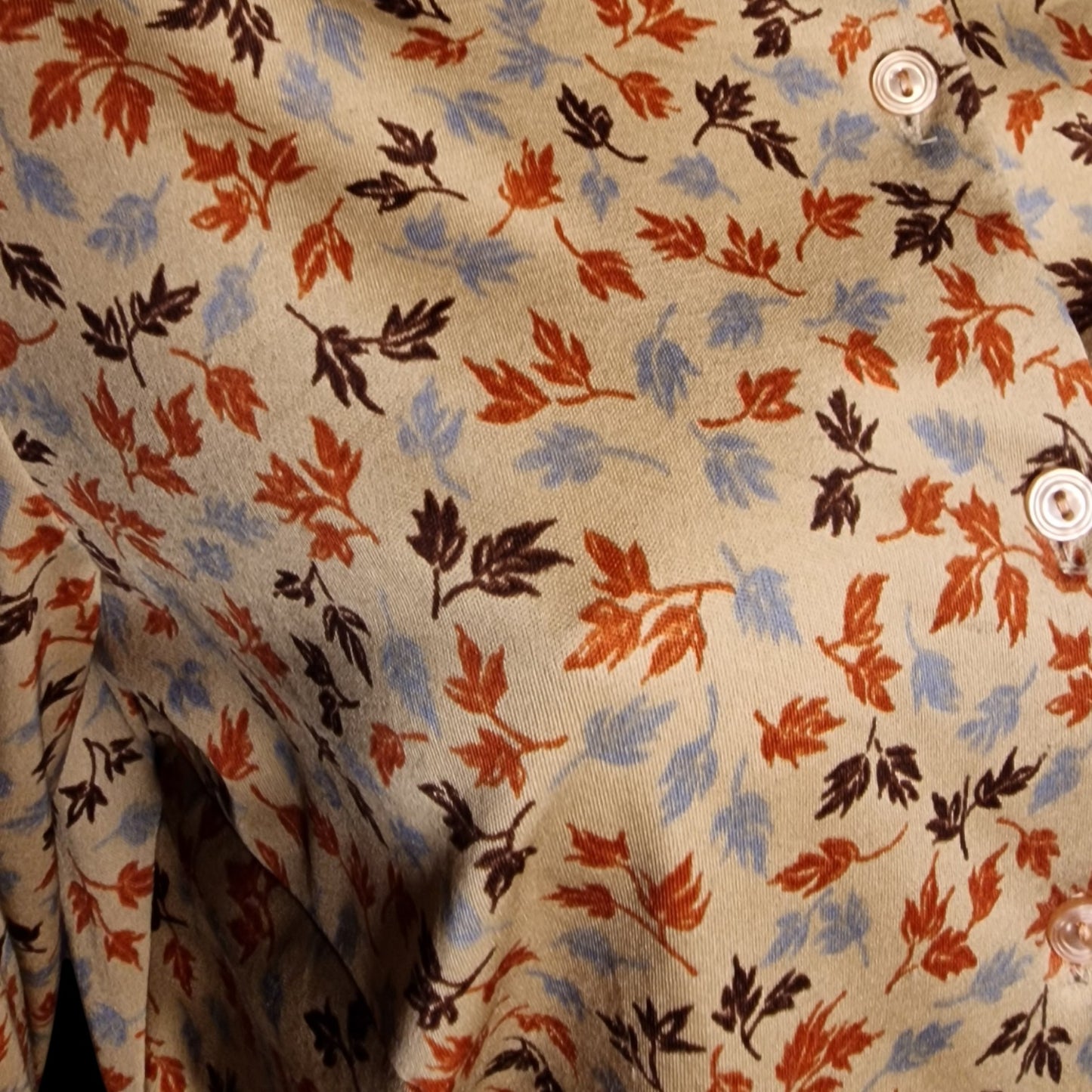 Zauberhafte Vintage Bluse "Herbstlaub" Motiv in Beige-Braun klassisch M 70er