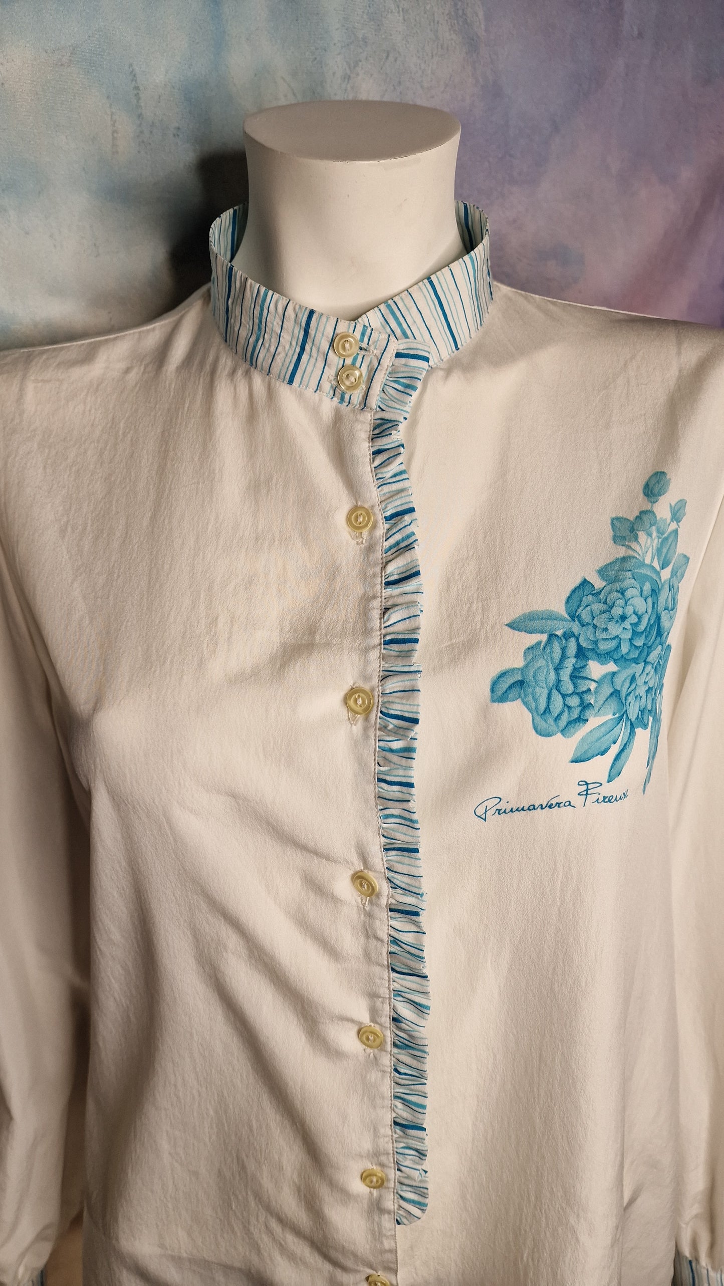 80er Designer-Bluse Primavera Firenze in Creme mit Türkis Blumenmotiv M/L