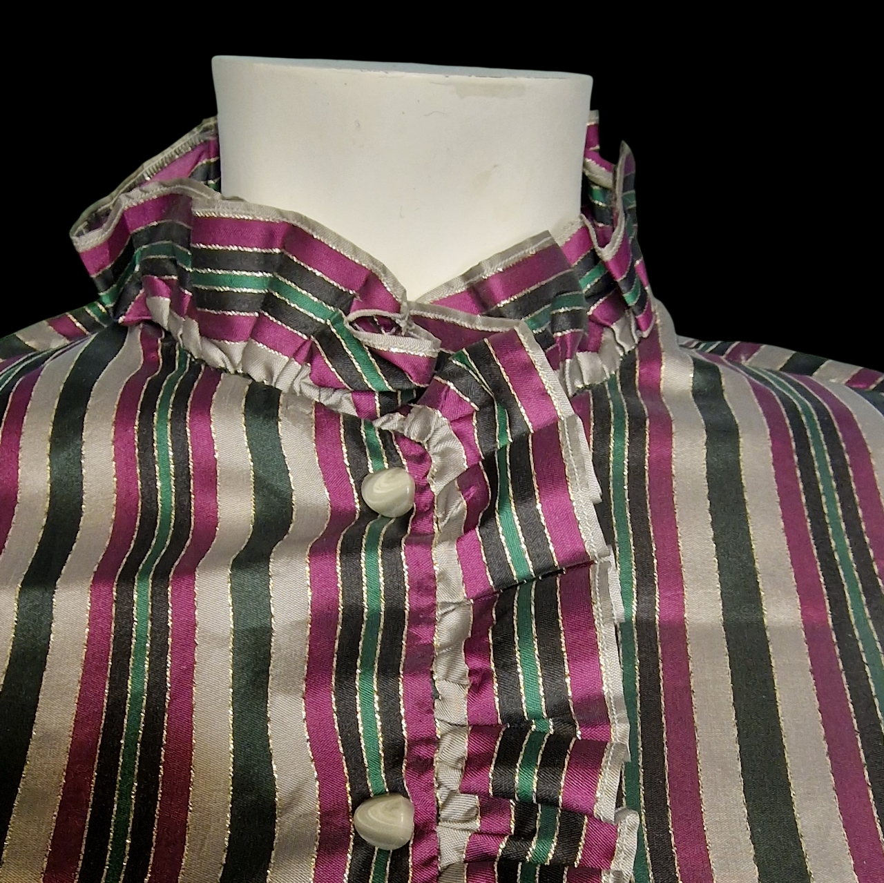 Vintage Bluse 80er Jahre - Bunt gestreift mit Rüschenkragen S