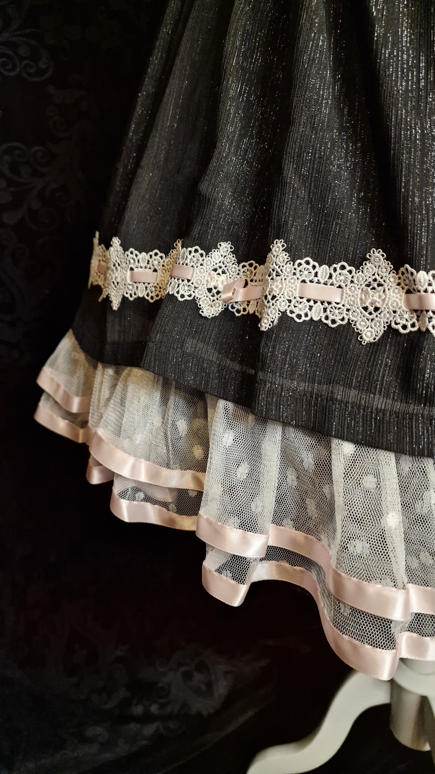 Gothic Lolita Kleid Schwarz Silber mit Spitze – Vintage "Old School" Gr. L
