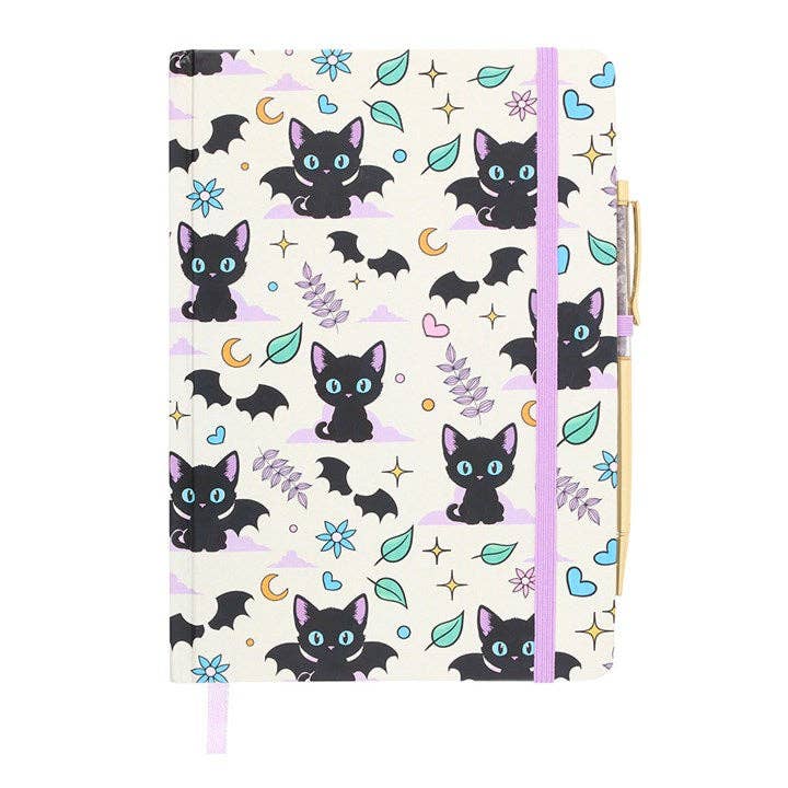 Gothic schwarzes Katzen-Notizbuch A5 mit Amethyst-Stift
