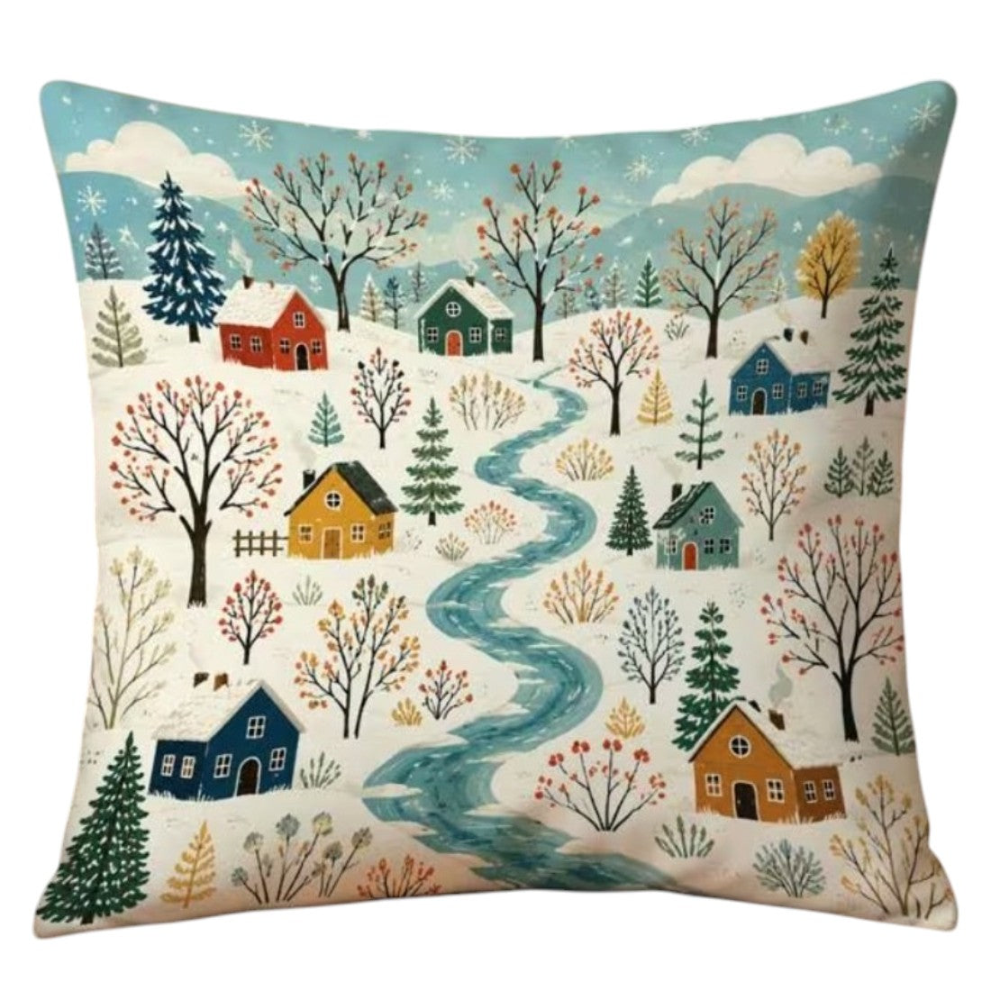 Winterdorf-Kissen mit Flussmotiv und Füllkissen 45 × 45 cm Folk-Art