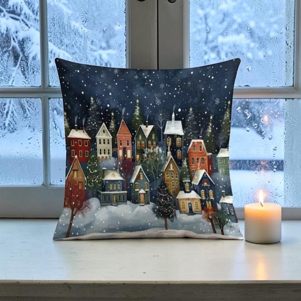 Winterdorf-Dekokissen mit Füllkissen 45 × 45 cm im nostalgischen Stil