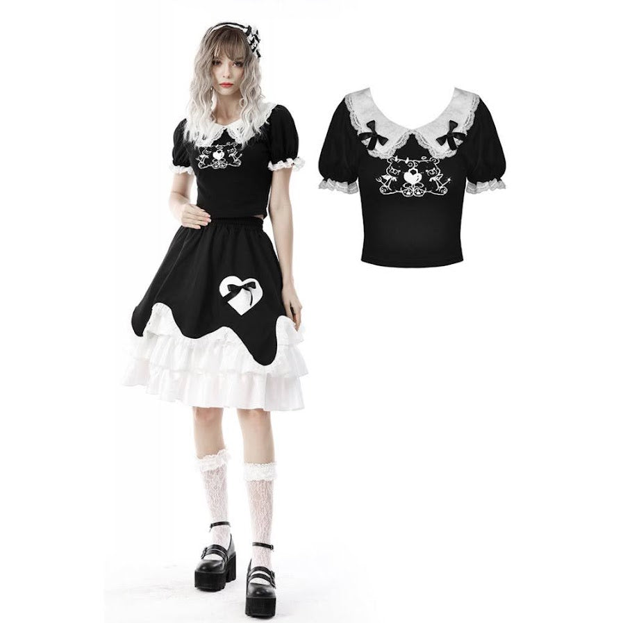 Süßes Gothic Lolita Shirt mit Rüschen schwarz-weiß Dark in Love