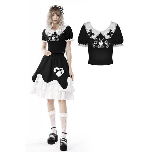 Süßes Gothic Lolita Shirt mit Rüschen schwarz-weiß Dark in Love