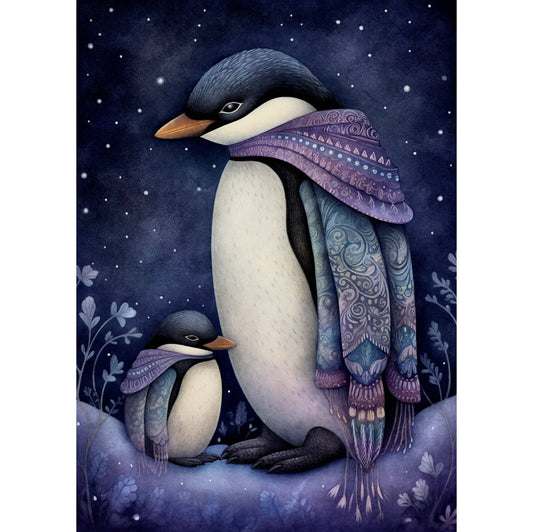 Fantasy Grußkarte mit Umschlag Pinguin Mutter mit Kind