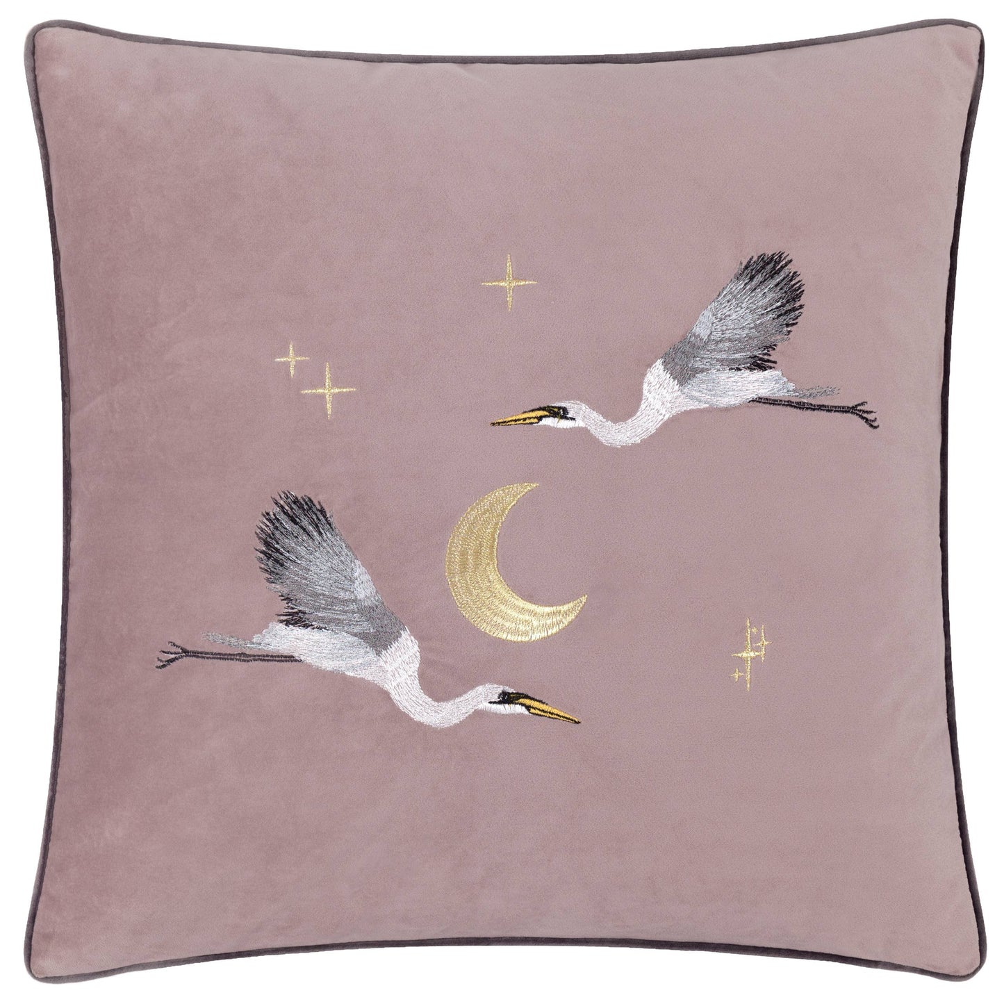 Romantisch Samt Reiher Dekokissen „Moonlit Flight“ – 45 x 45 cm mit Füllkissen