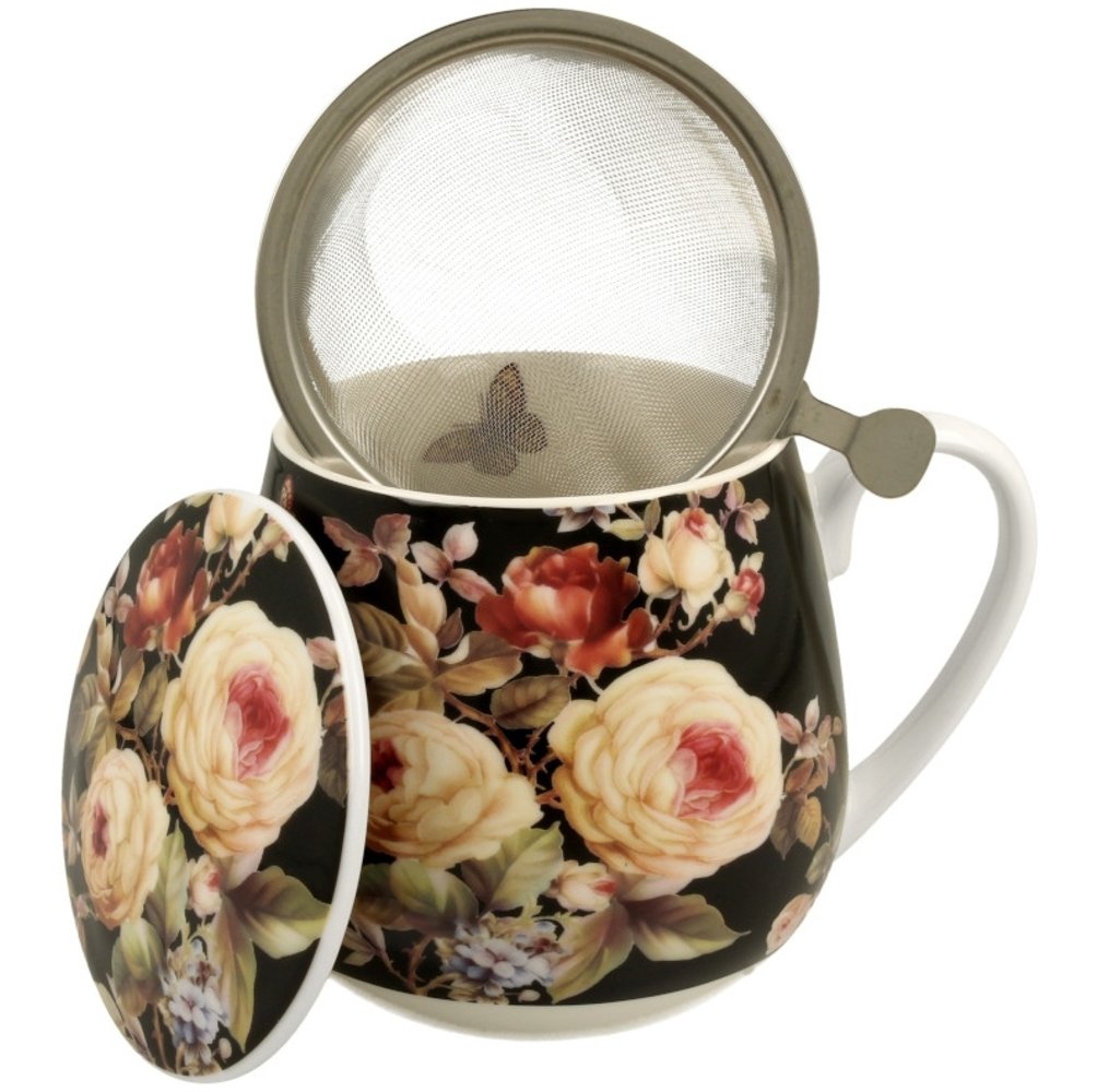 Duo Tasse vintage Blumen Warda schwarz 430 ml mit Teesieb