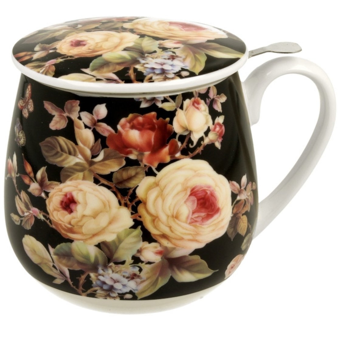 Duo Tasse vintage Blumen Warda schwarz 430 ml mit Teesieb