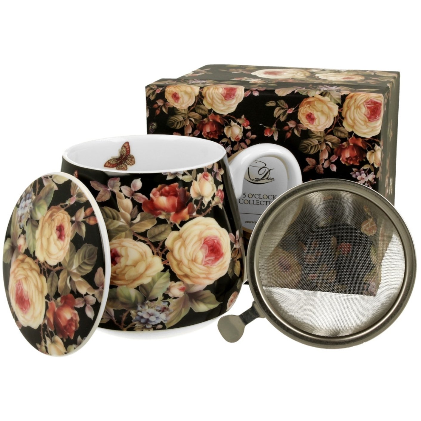 Duo Tasse vintage Blumen Warda schwarz 430 ml mit Teesieb