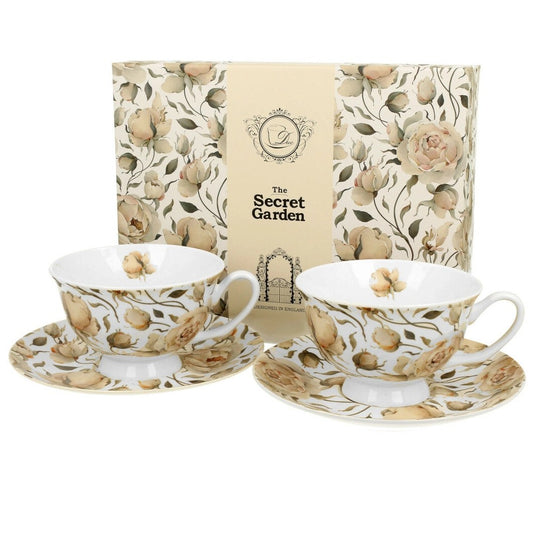 Duo Tassen Set englische Rose weiß-x 2x Tasse mit Unterteller