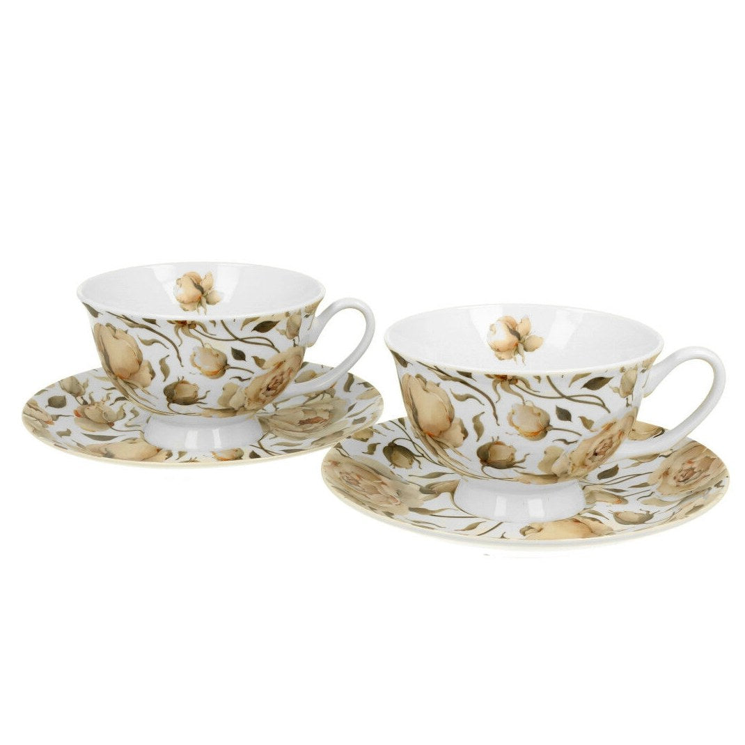 Duo Tassen Set englische Rose weiß-x 2x Tasse mit Unterteller