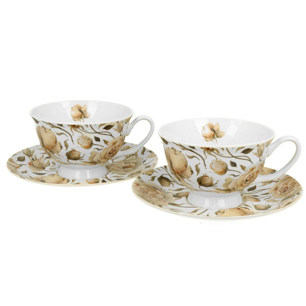 Duo Tassen Set englische Rose weiß-x 2x Tasse mit Unterteller
