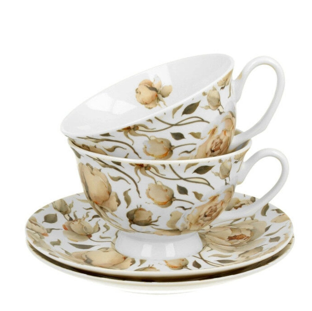 Duo Tassen Set englische Rose weiß-x 2x Tasse mit Unterteller