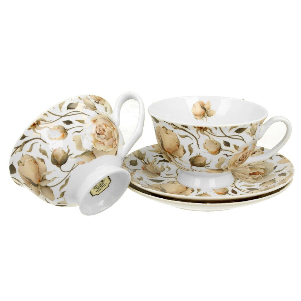 Duo Tassen Set englische Rose weiß-x 2x Tasse mit Unterteller