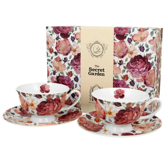 Duo Tassen Set englische Rose weiß 2x Tasse mit Unterteller