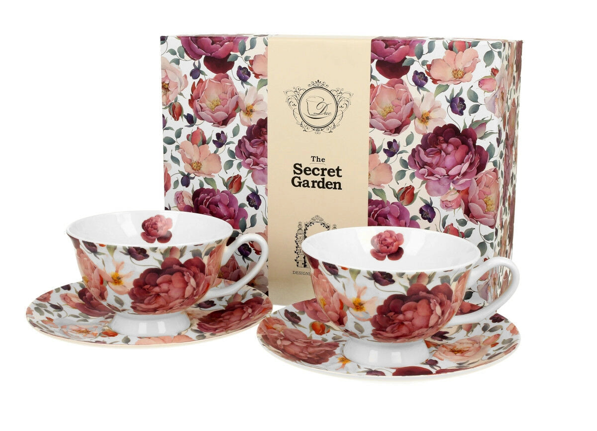 Duo Tassen Set englische Rose weiß 2x Tasse mit Unterteller