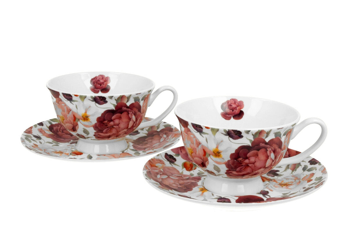 Duo Tassen Set englische Rose weiß 2x Tasse mit Unterteller