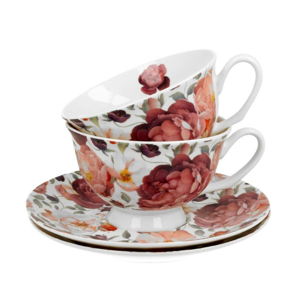 Duo Tassen Set englische Rose weiß 2x Tasse mit Unterteller