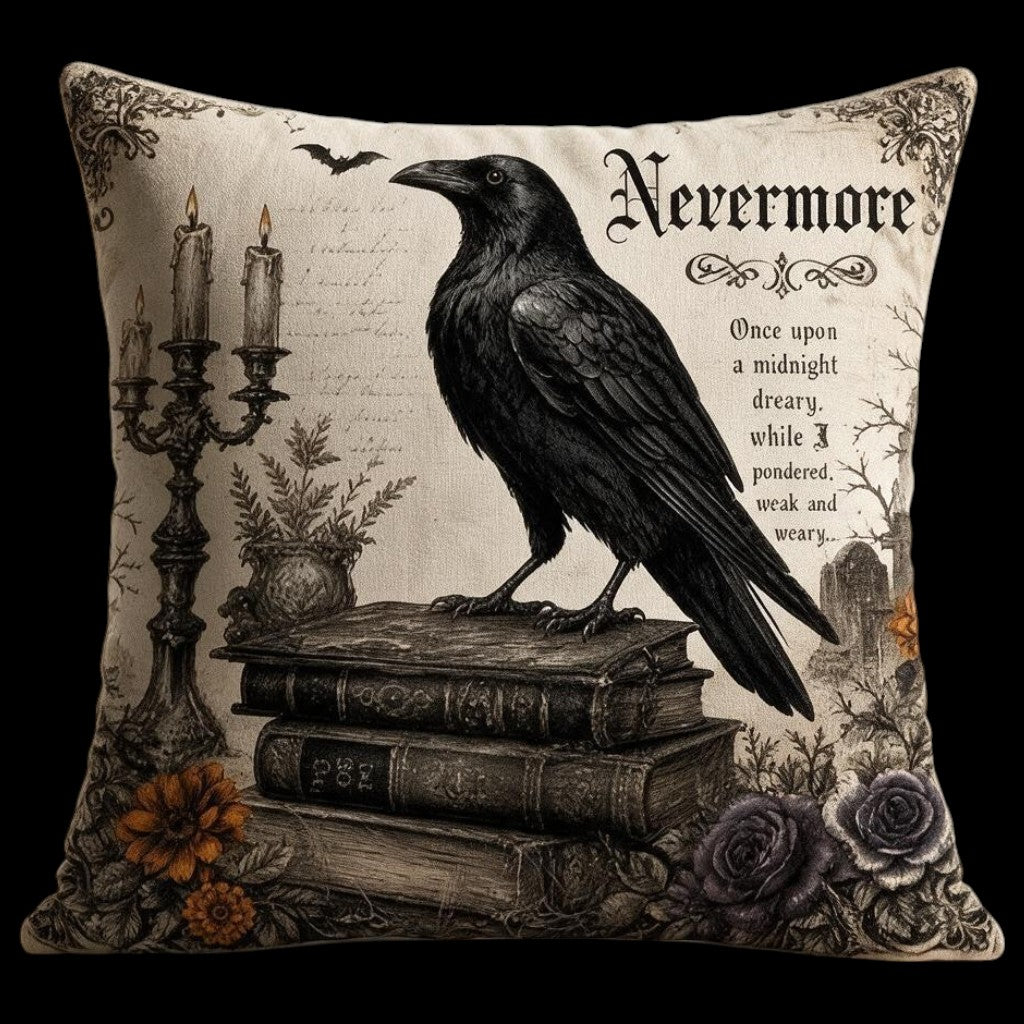 Nevermore Gothic-Dekokissen mit Rabenmotiv und Füllkissen 45x45 cm