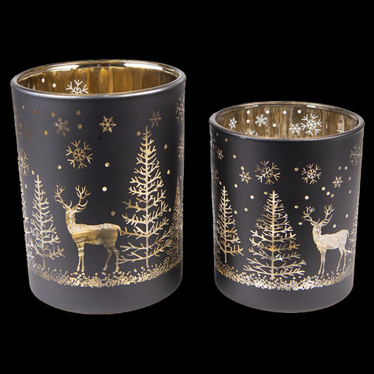 Schwarzes Teelichthalter Set Hirsche im Wald festlich 2-teilig