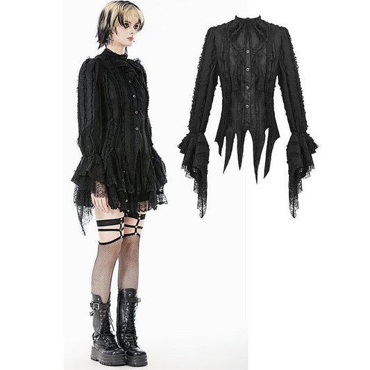 Gothic Zipfelbluse Hexe in schwarz mit Spitze