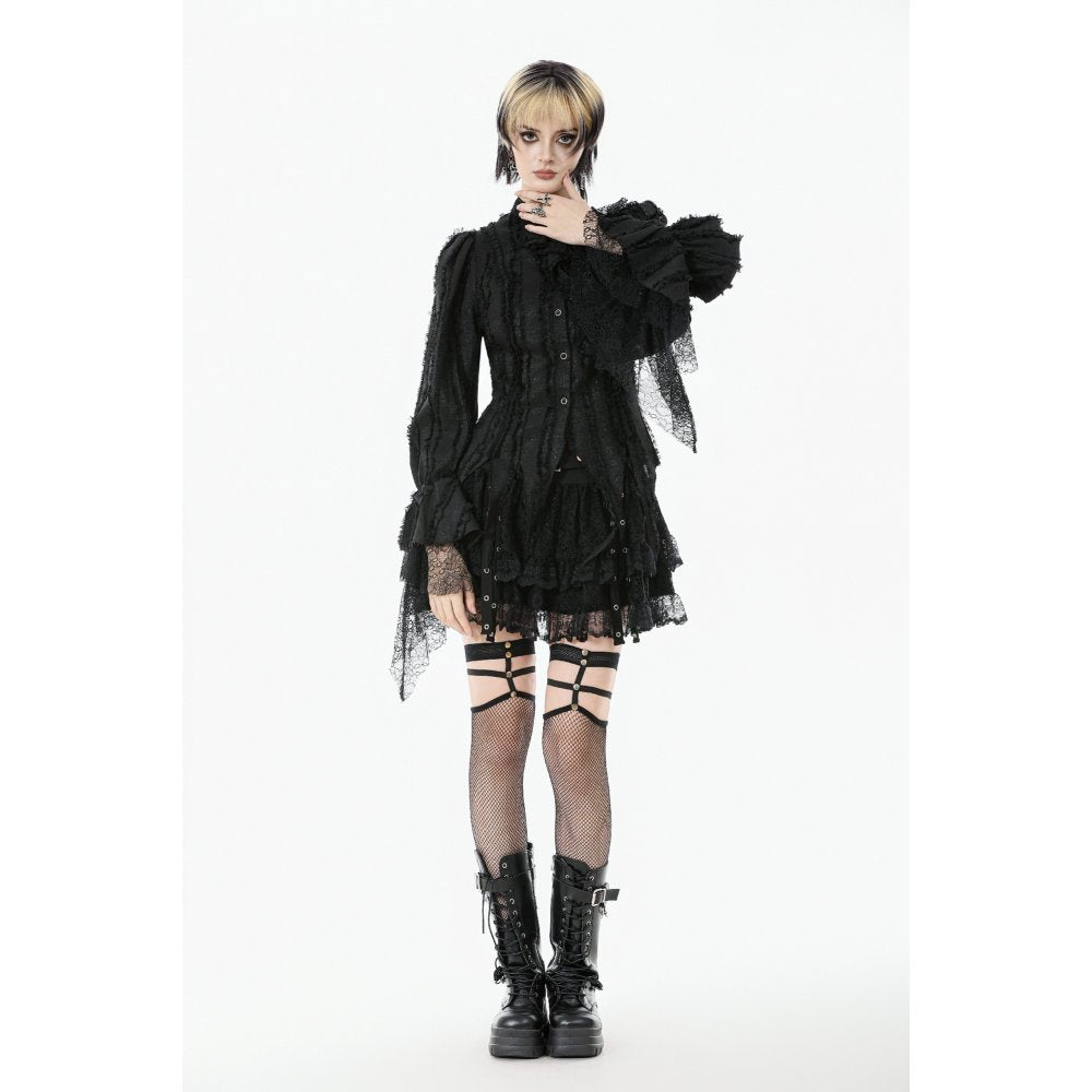 Gothic Zipfelbluse Hexe in schwarz mit Spitze