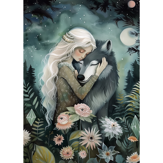 Fantasy Grußkarte der Wolf und das Mädchen