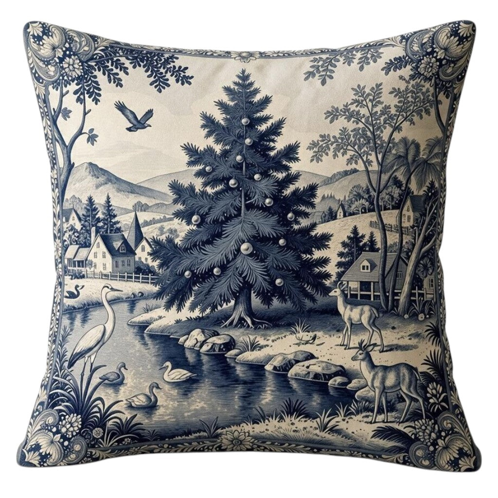 Vintage Dekokissen Weihnachtsbau im Toile-de-Jouy-Stil mit Füllkissen