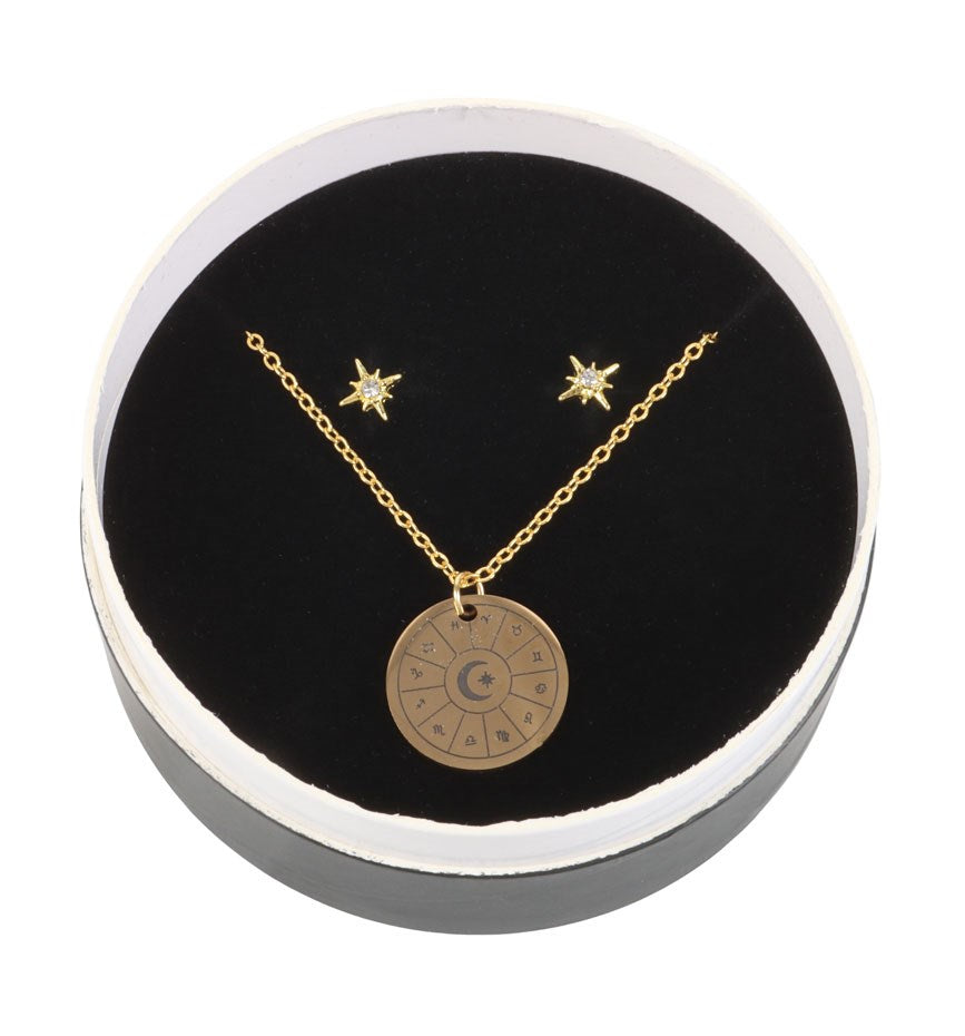 Geschenkset Schmuck Astrologie in schwarz-gold Kette & Ohrringe