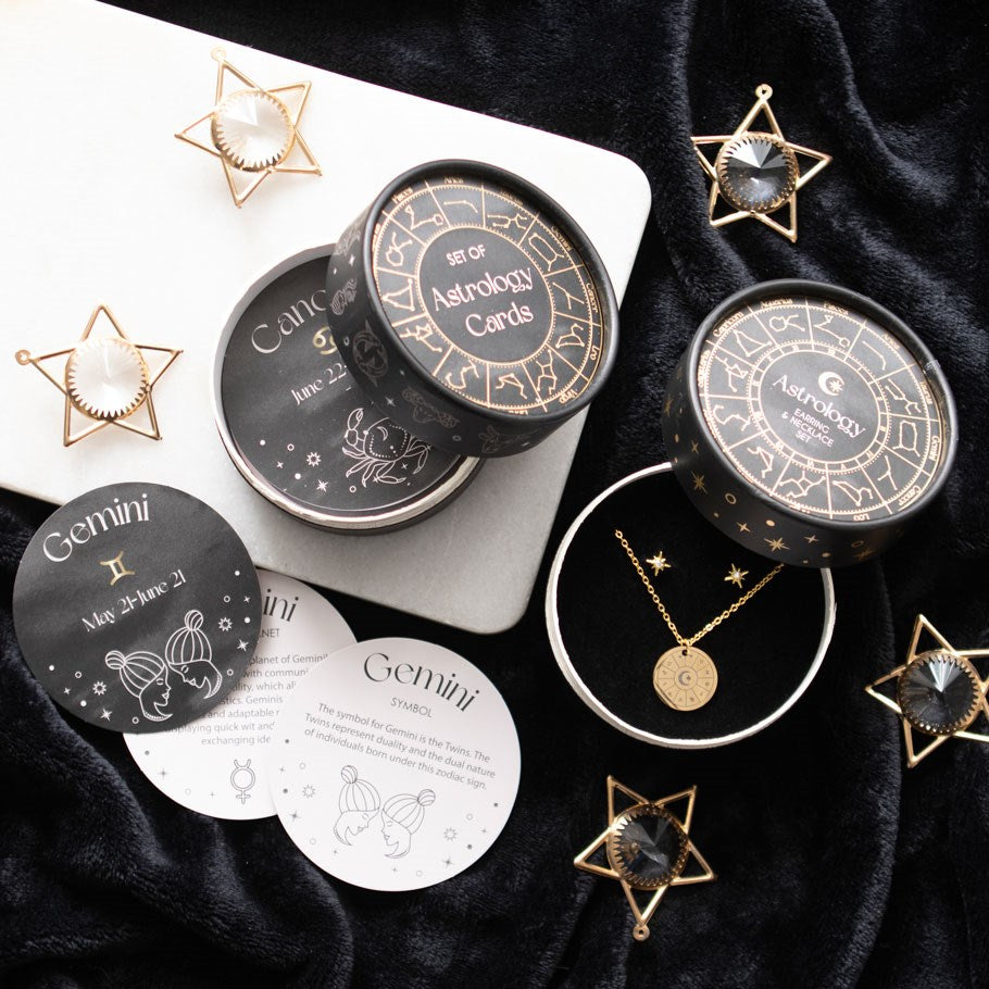Geschenkset Schmuck Astrologie in schwarz-gold Kette & Ohrringe