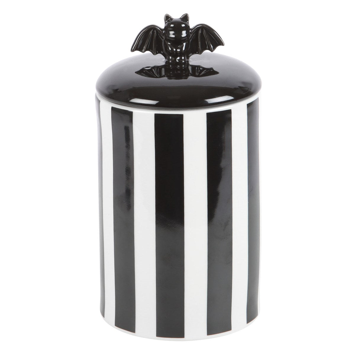 Gothic Keksdose in schwarz-weiß gestreift mit Fledermaus