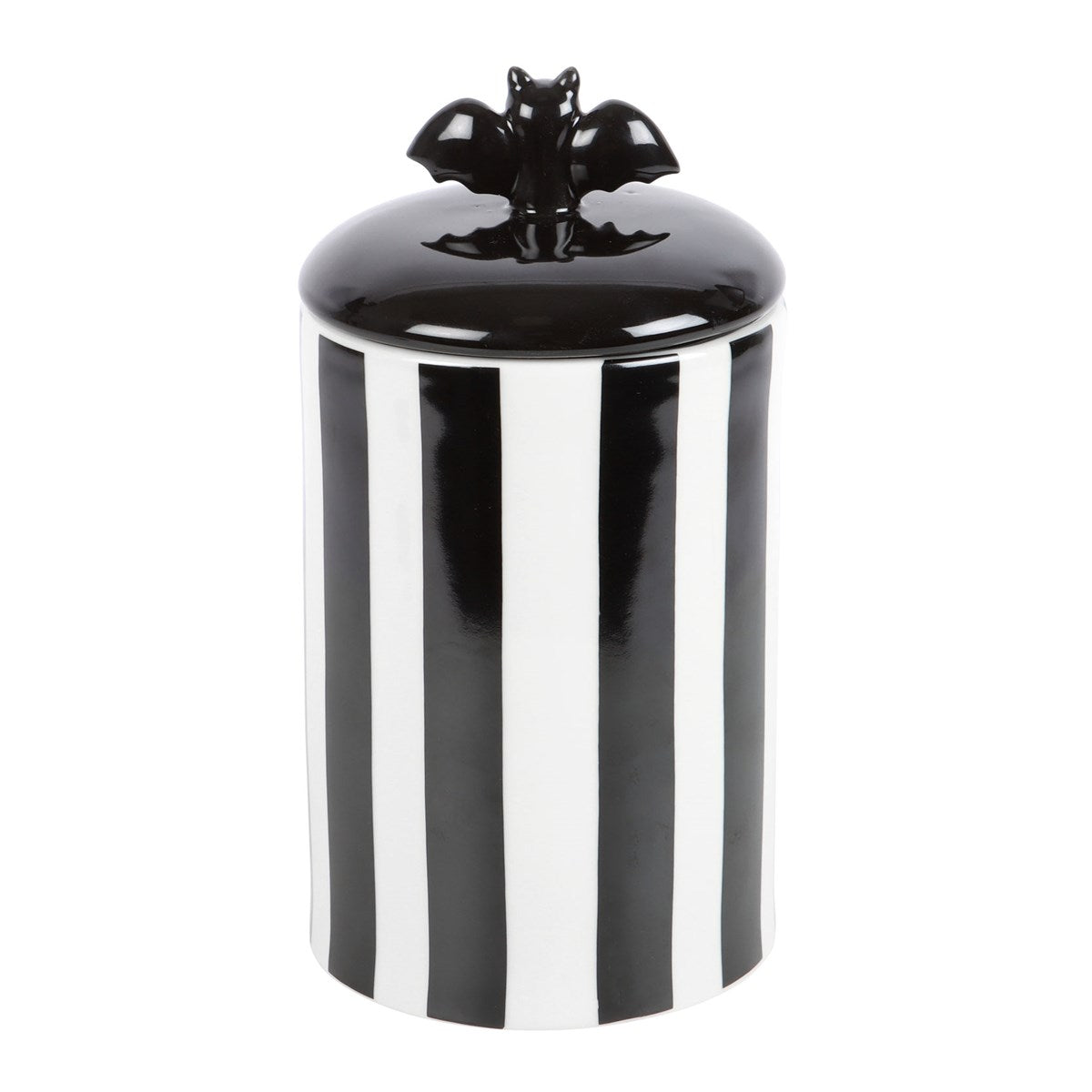 Gothic Keksdose in schwarz-weiß gestreift mit Fledermaus