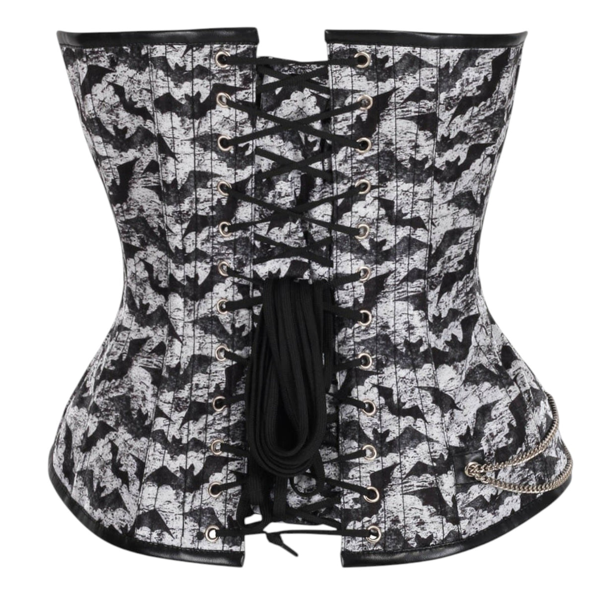 Gothic Vollbrustkorsett "Bat" mit Fledermausmotiv und Ketten schwarz-grau