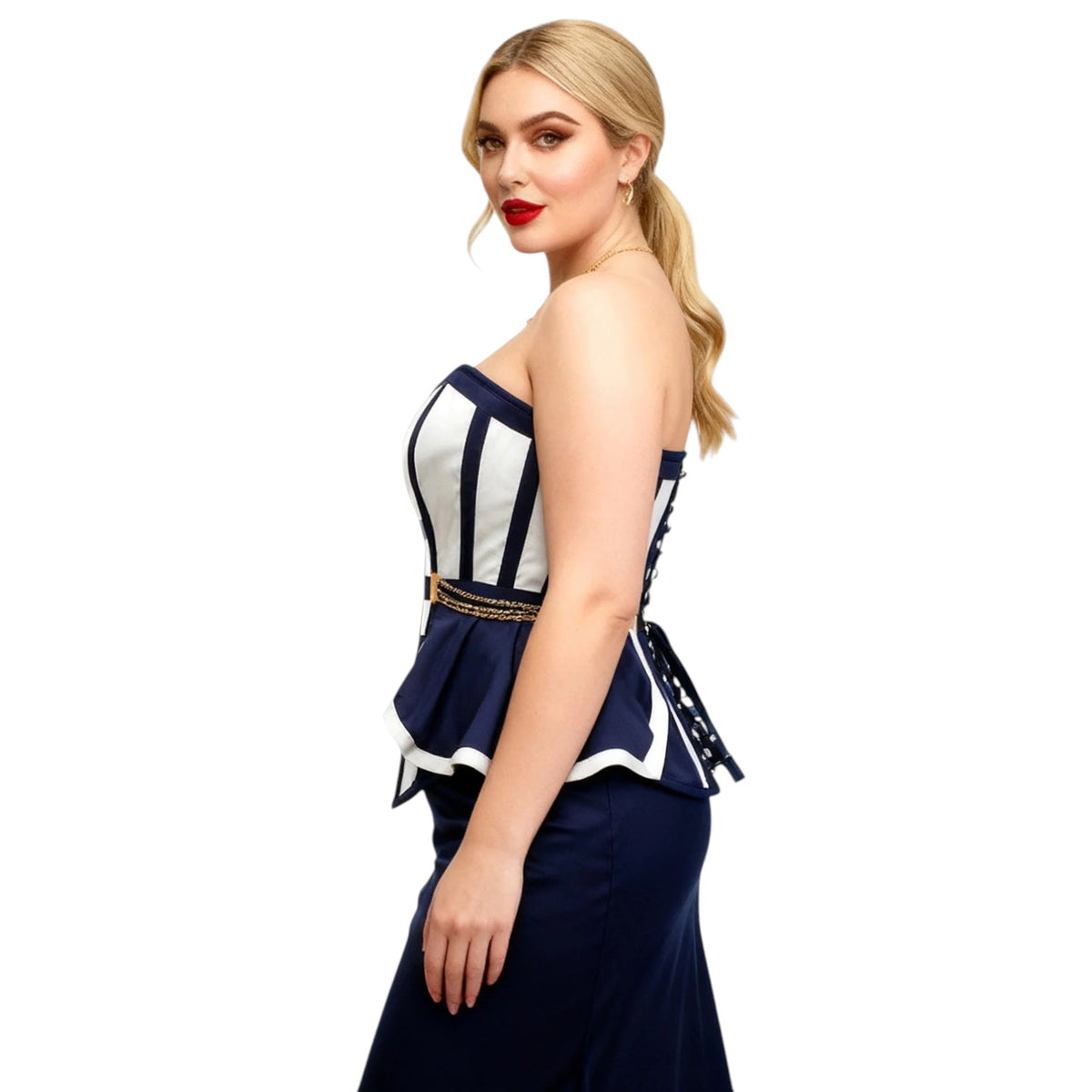 Vintage Sailor Vollbrustkorsett „Merri“ in Navy-Weiß mit Schößchen