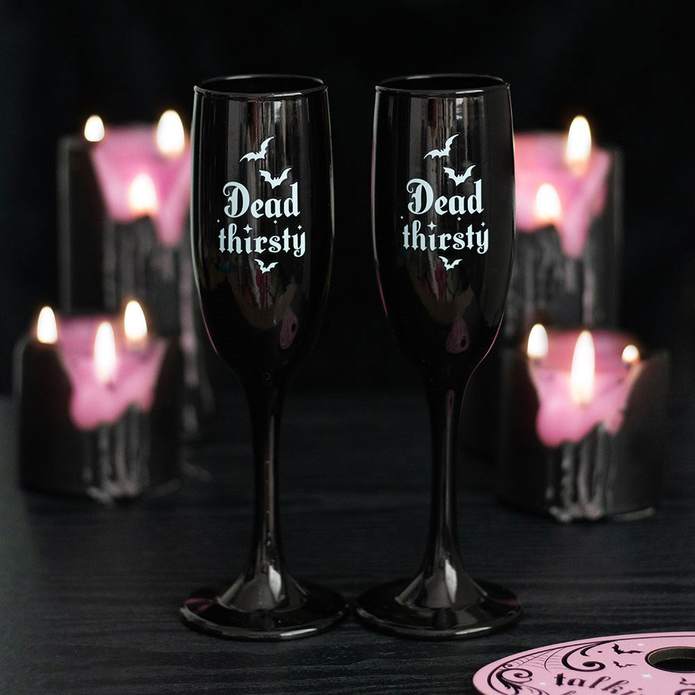 Gothic Sektflöten Sektgläser schwarz "Dead Thirsty" Fledermaus-Motiv Geschenkset 300 ml