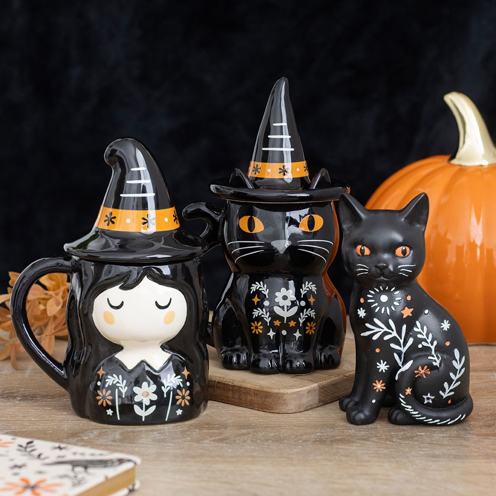 Black Cat with Hexen Tasse Katze mit Deckel "Folk Cat with Witch Hat"