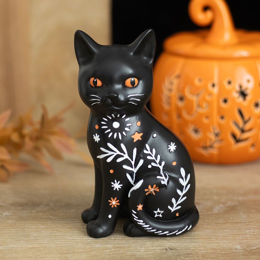 Witchy Celestial Black Cat Figurine – Schwarze Katzenfigur mit Blumenmuster