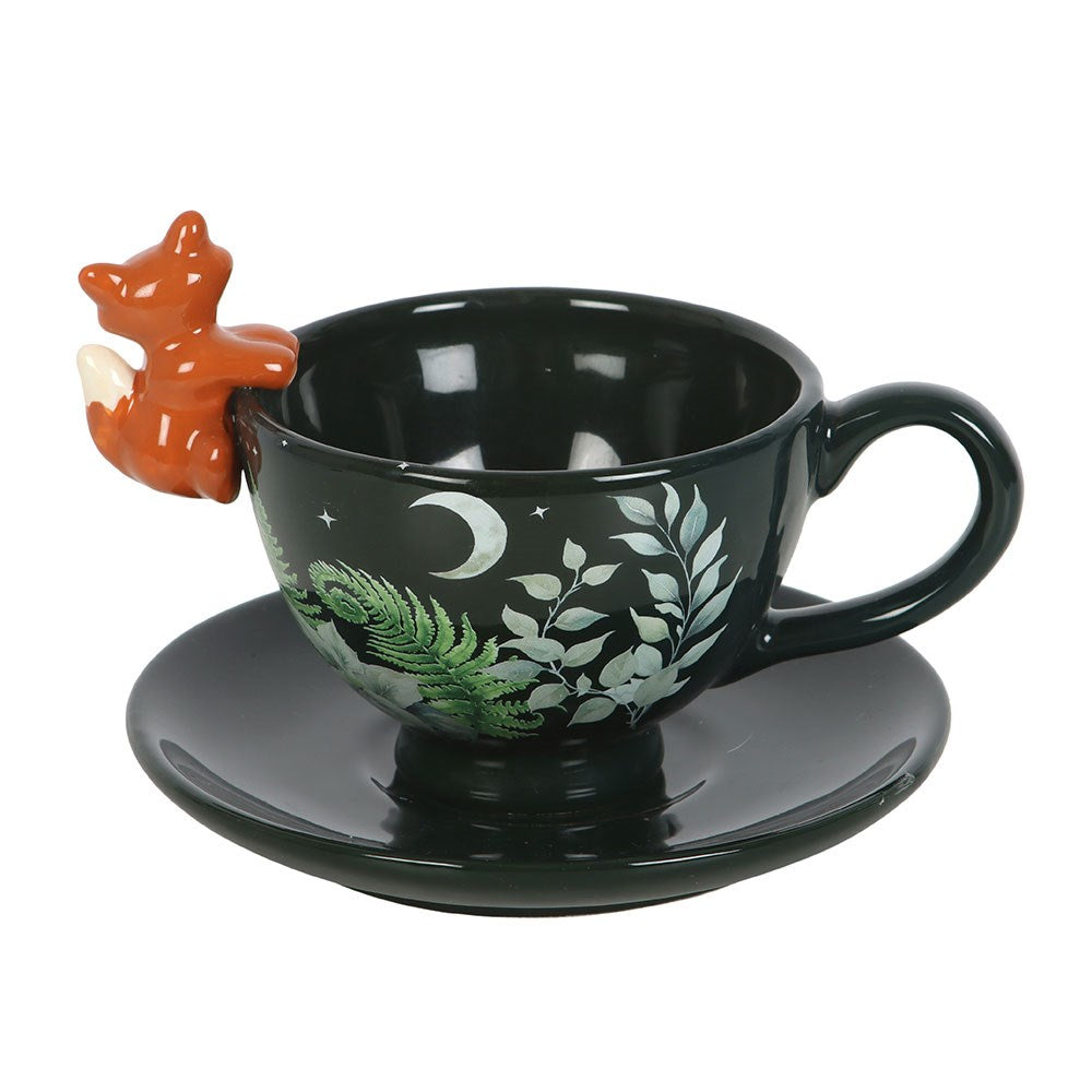 Vintage Tasse mit Untertasse Waldmuster und kleinem Fuchs