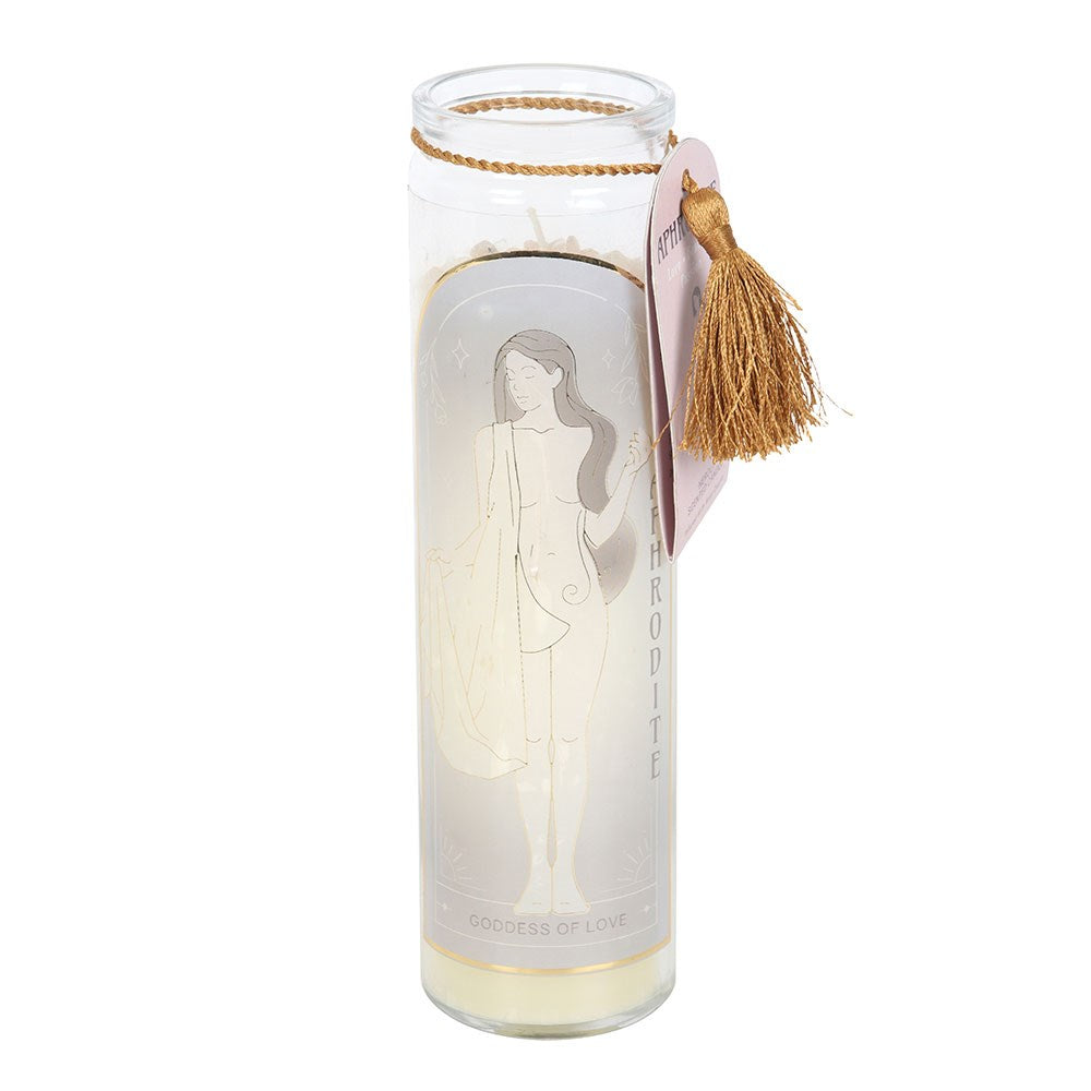 Aphrodite Goddess Kerze im Glas mit Rosenquarzkristallen