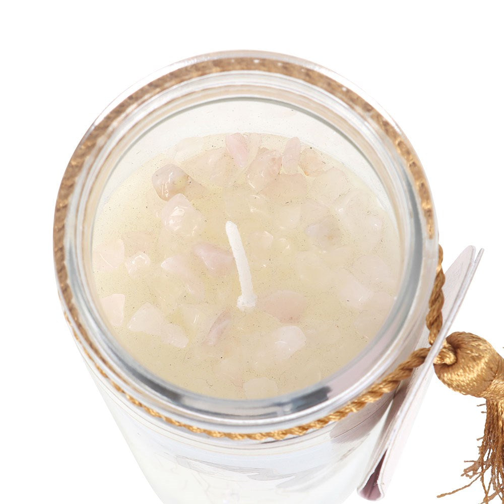 Aphrodite Goddess Kerze im Glas mit Rosenquarzkristallen